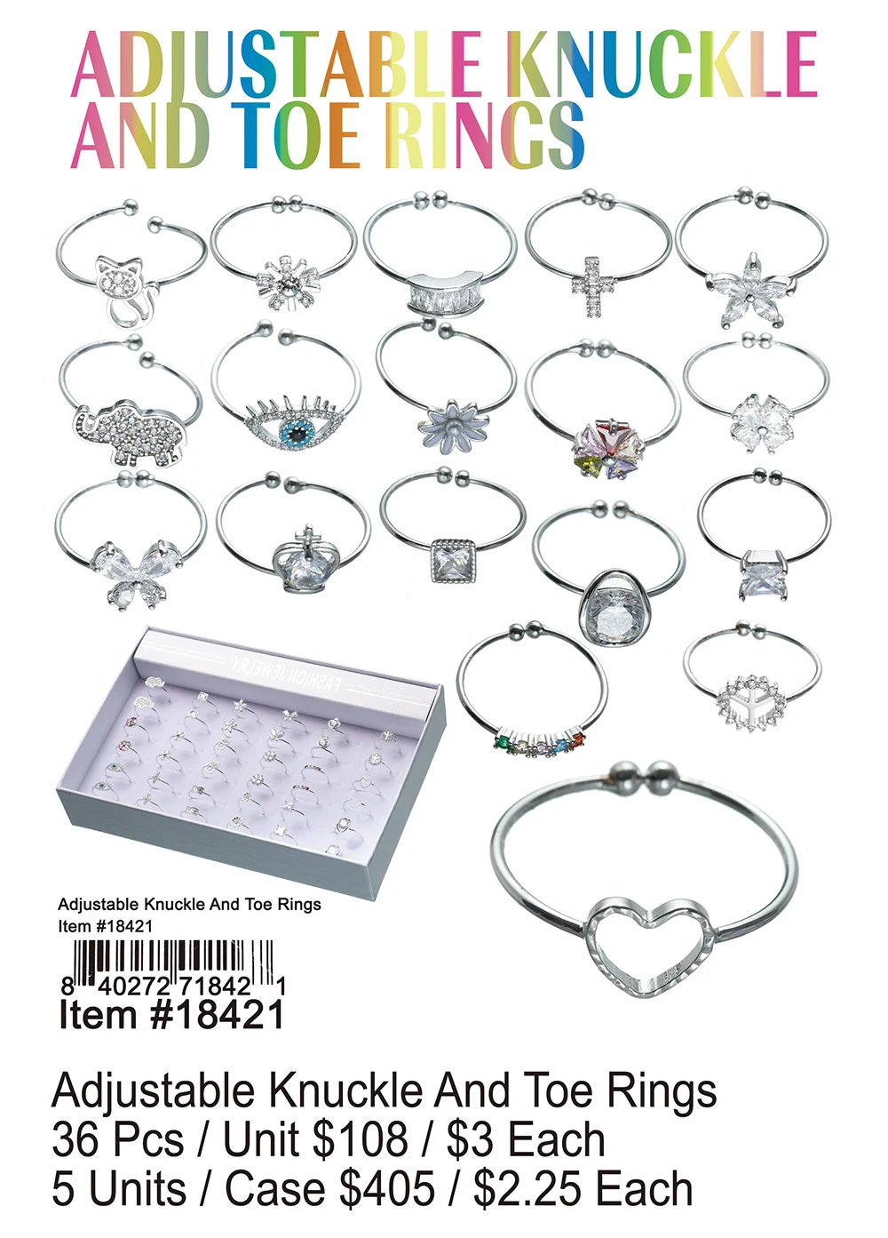 Adjustable Knuckle and Toe Rings 36 Pcs.