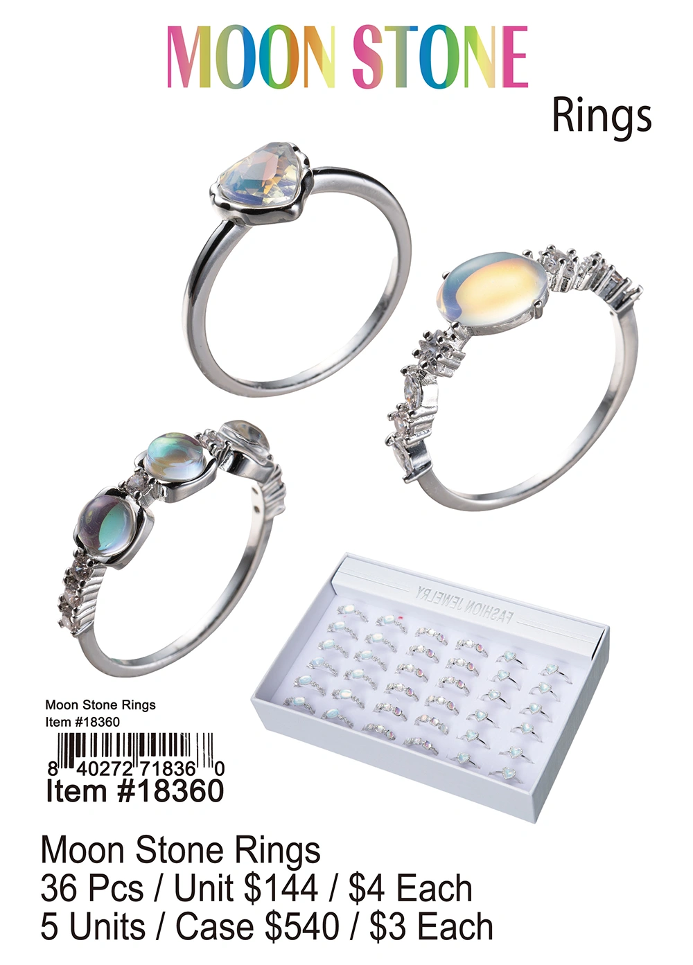 Moon Stone Rings 36 Pcs.