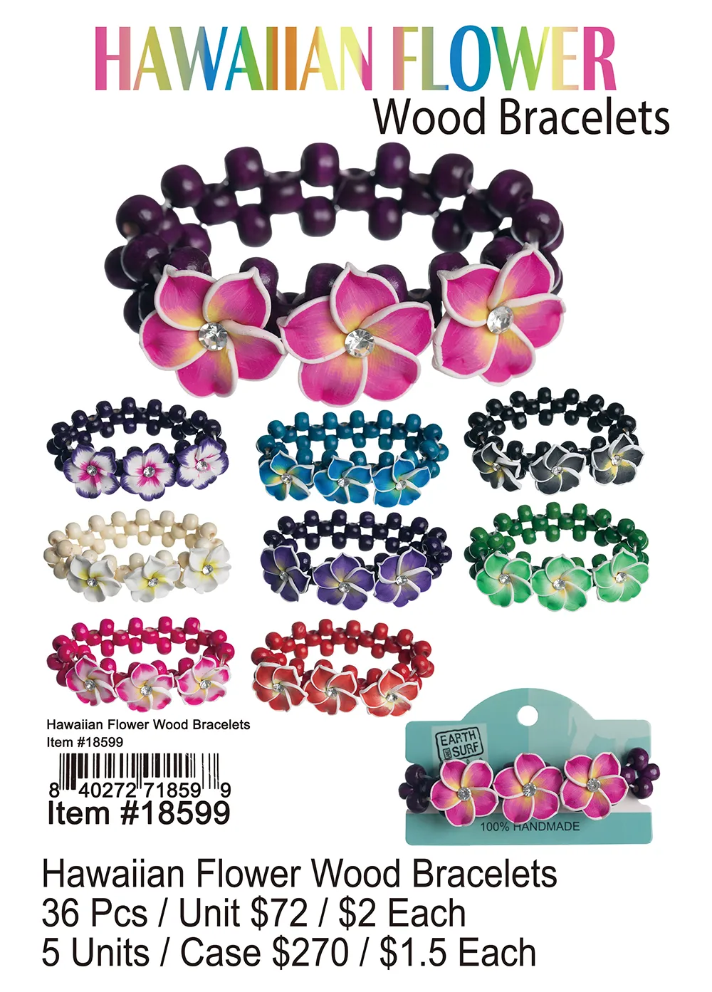 Hawaian Flower Wood Bracelets 96 Pcs.