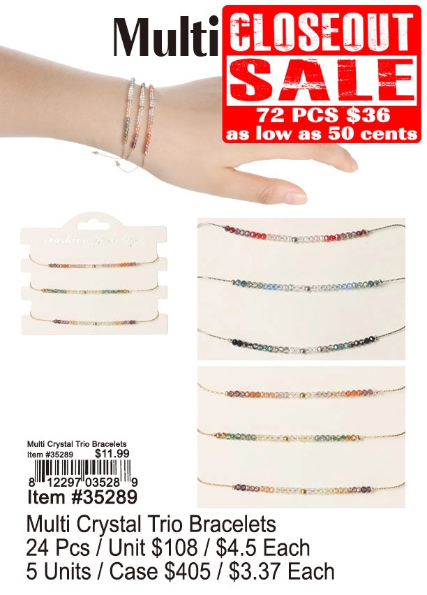 Multi Crystal Trio Bracelets 72 Pcs. - Closeout