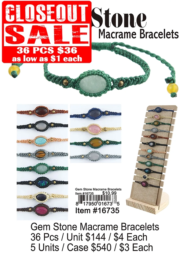 Gem Stone Macrame Bracelets 36 Pcs. - Closeout