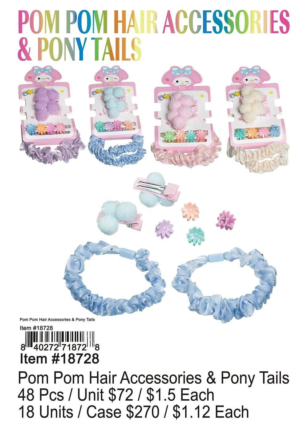 Pom Pom Hair Accessories and Pony Tails 48 Pcs.