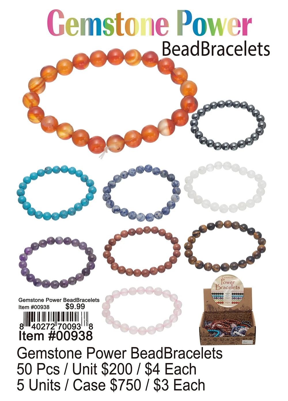 Gemstone Power Bead Bracelets 50 Pcs.