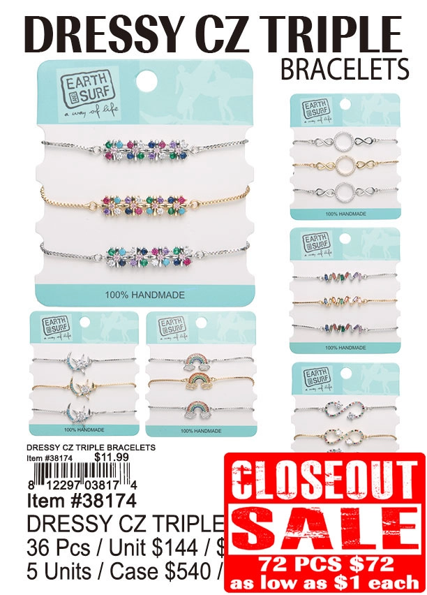 Dressy CZ Triple Bracelets 72 Pcs. - Closeout