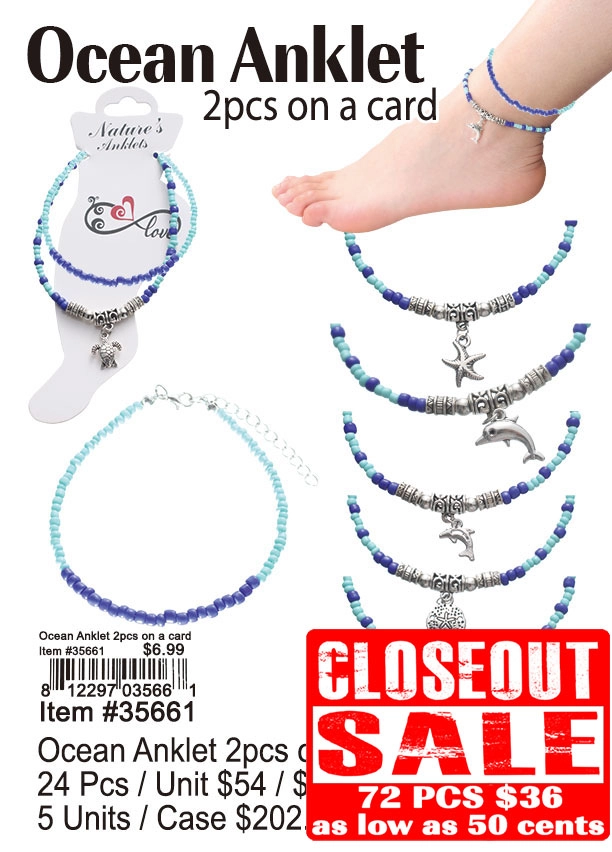 Ocean Anklet 2Pcs On a Card 72 Pcs. - Closeout