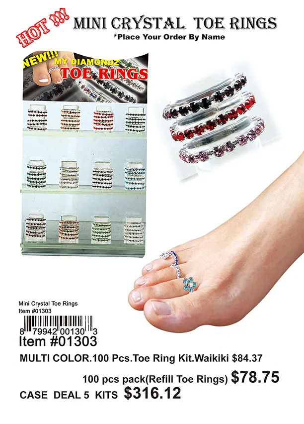 Bulk Mini Crystal Toe Rings Multicolor 100 Pcs.