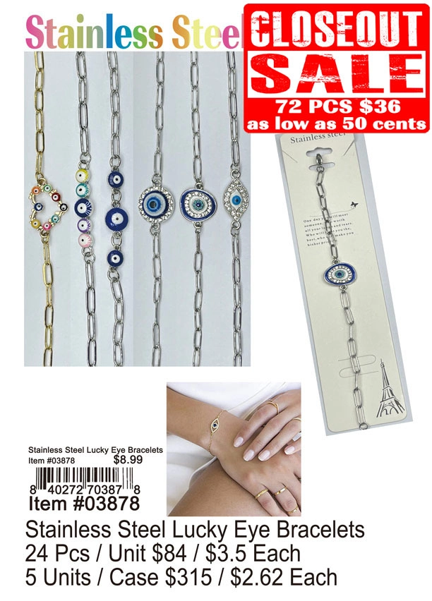 Stainless Steel Lucky Eye Bracelets 72 Pcs. - Closeout