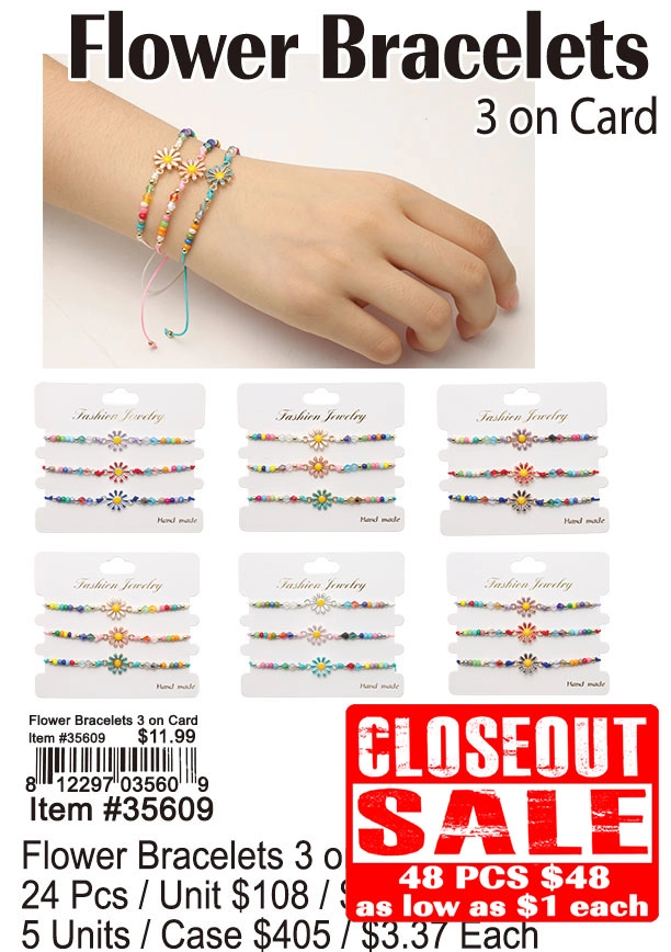 Flower Bracelets 3 On Card 48 Pcs. - Closeout