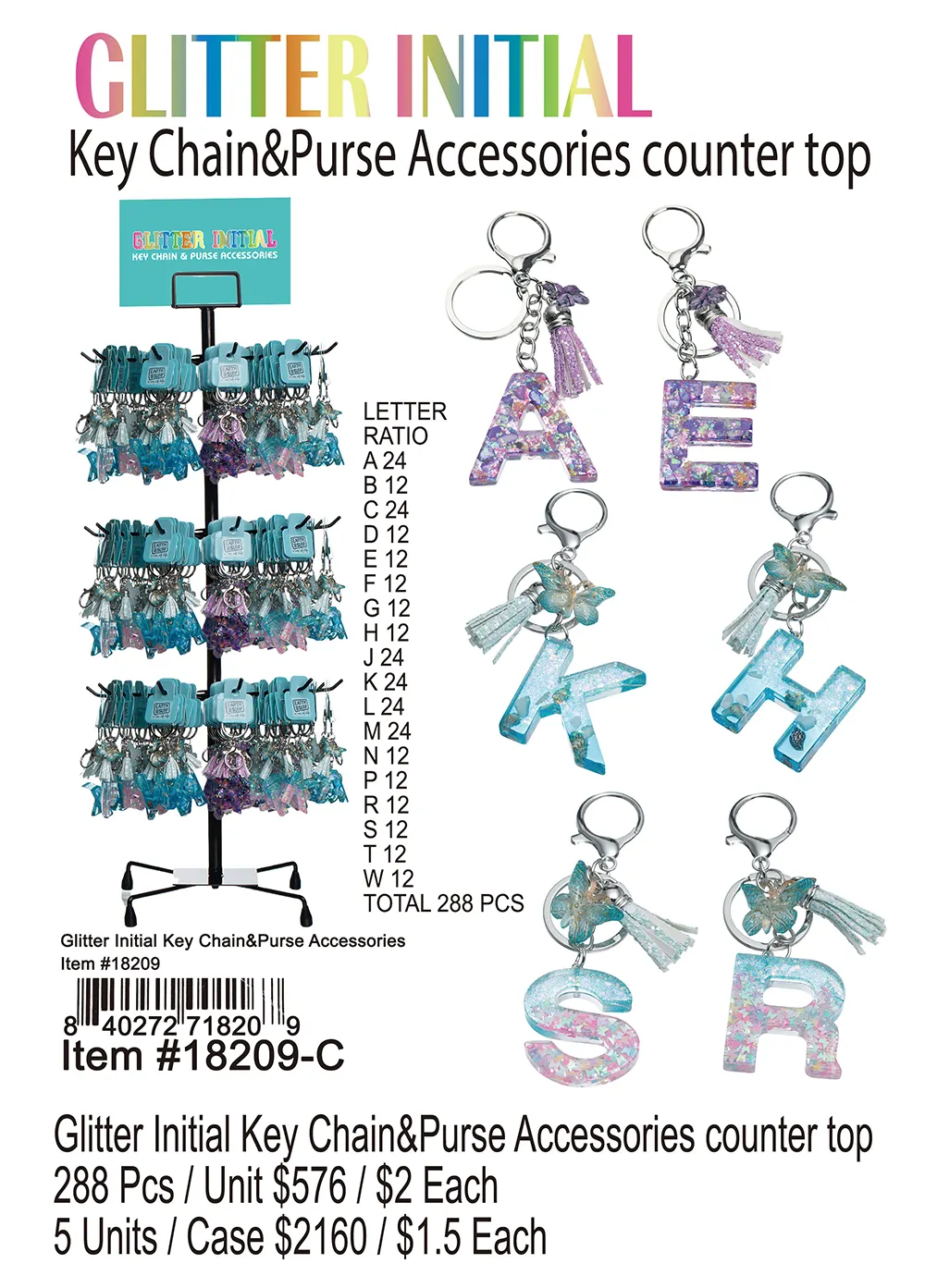 Glitter Initial Keychain and Purse Accessories Counter Top 288 Pcs.