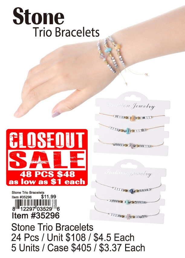 Stone Trio Bracelets 48 Pcs. - Closeout