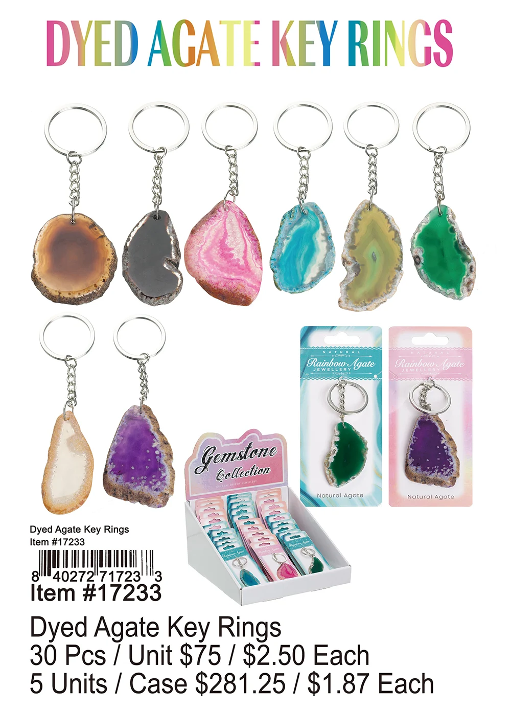 Dyed Agate Key Rings 30 Pcs.