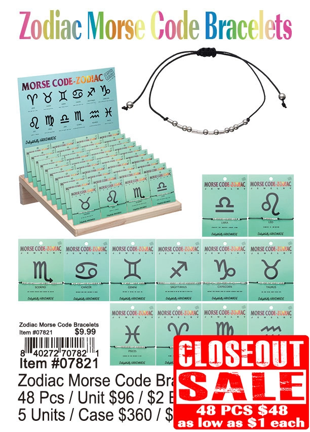 Zodiac Morse Code Bracelets 48 Pcs. - Closeout