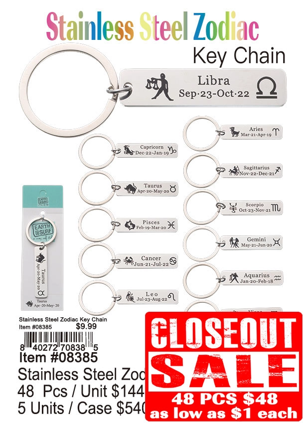 Stainless Steel Zodiac Keychain 48 Pcs. - Closeout