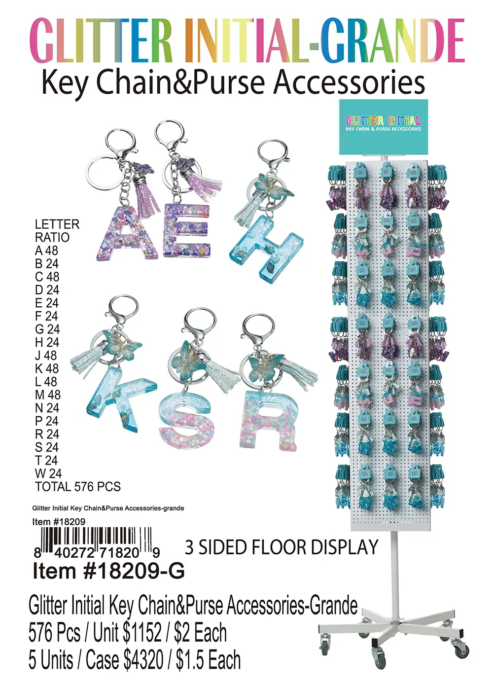 Glitter Initial Keychain and Purse Accessorie-Grande 576 Pcs.