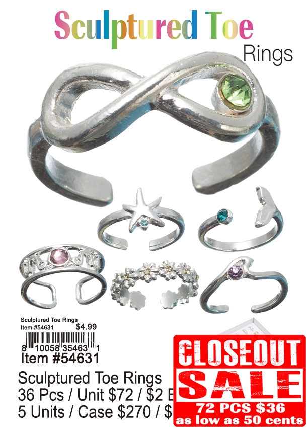 Sculptured Toe Rings 72 Pcs. - Closeout