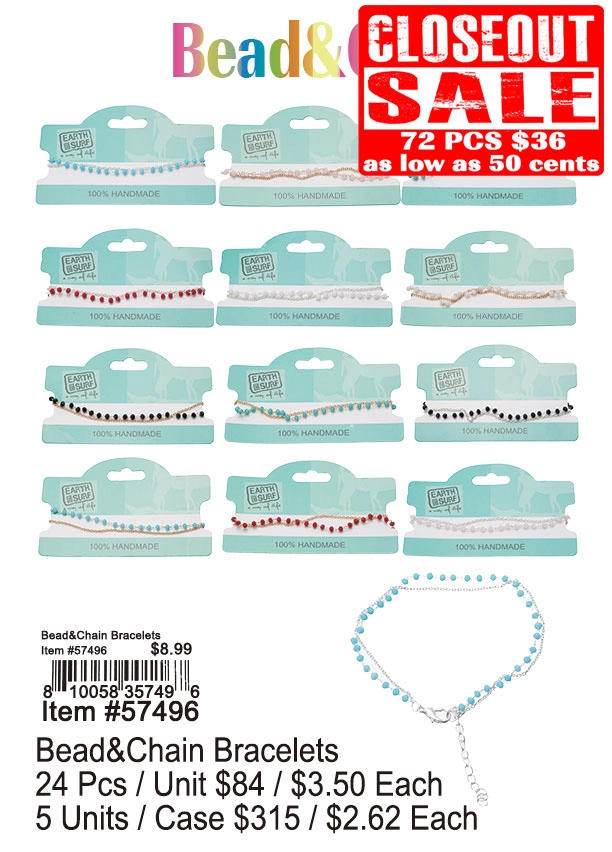 Bead and Chain Bracelets 72 Pcs. - Closeout