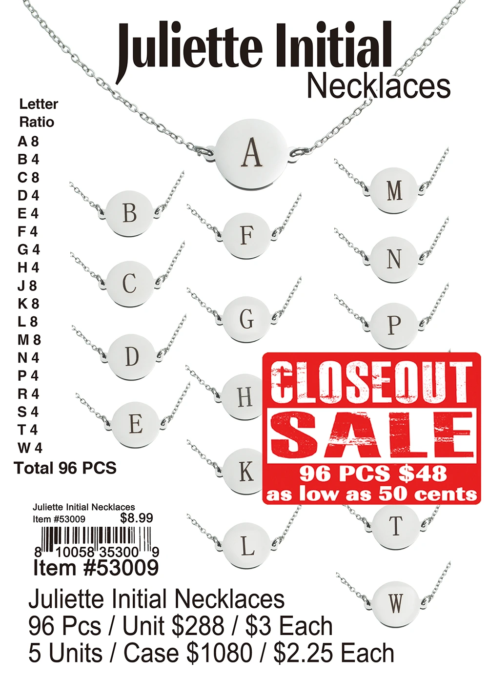 Juliette Initial Necklaces 72 Pcs. - Closeout