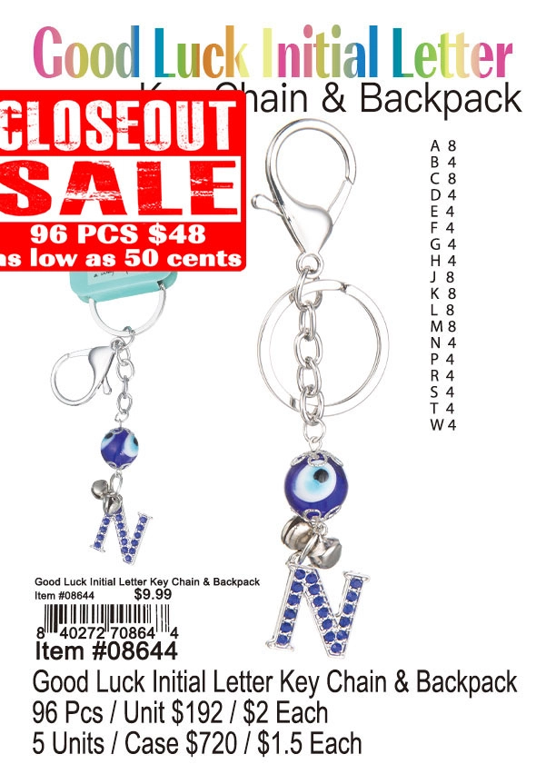 Good Luck Initial Letter Keychain and Backpack 96 Pcs. - Closeout