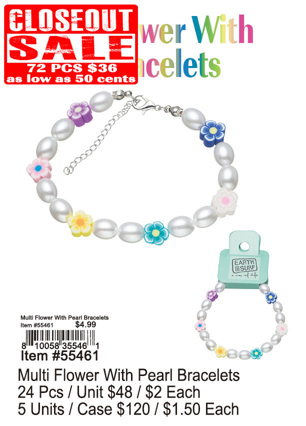 Multi Flower with Pearl Bracelets 72 Pcs. - Closeout