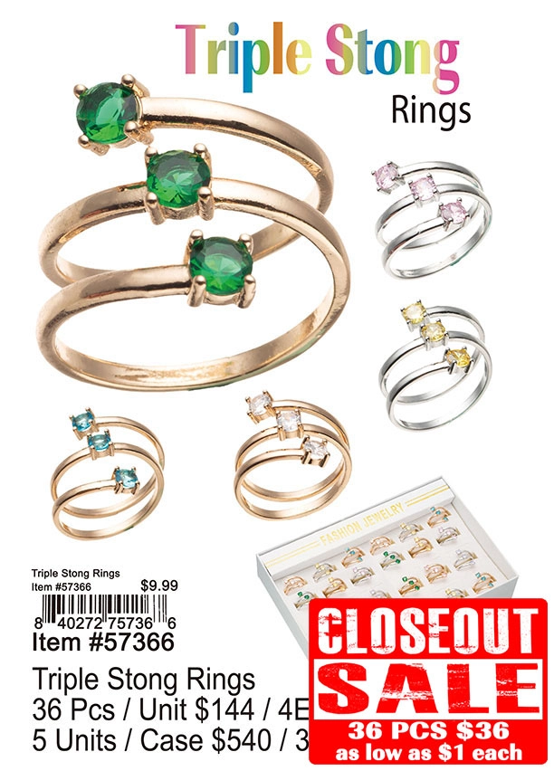 Triple Stone Rings 36 Pcs. - Closeout