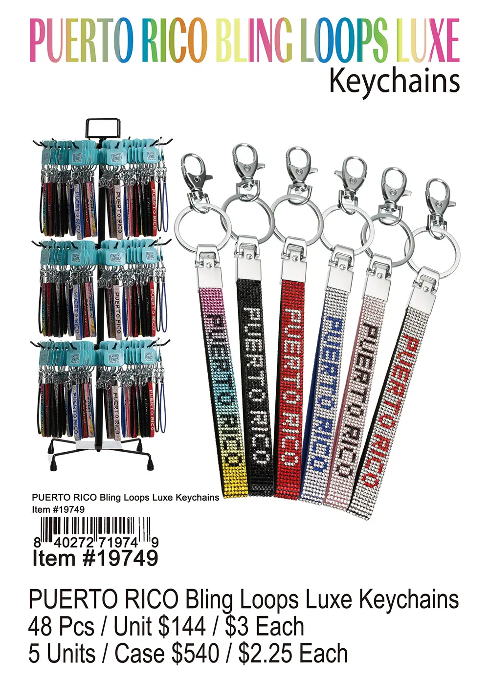 Puerto Rico Bling Loops Luxe Keychains 48 Pcs.