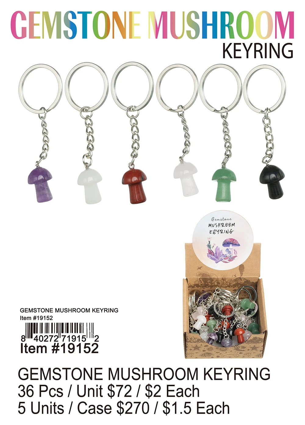 Gemstone Mushroom Keyring - 36 Pcs.