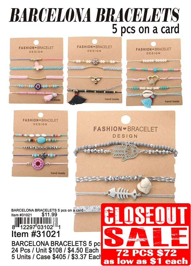 Barcelona Bracelets (5 Pcs on a card) 72 Pcs. - Closeout