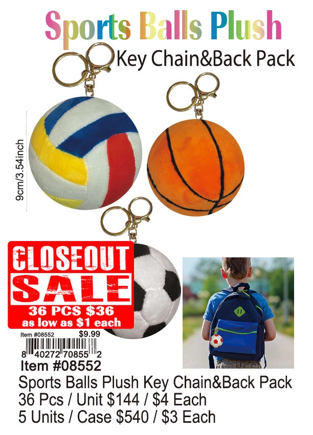 Sports Ball Plush Keychain and Backpack 36 Pcs. - Closeout