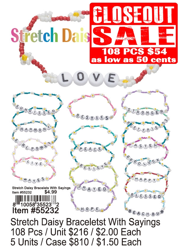 Stretch Daisy Bracelets With Sayings 108 Pcs. - Closeout