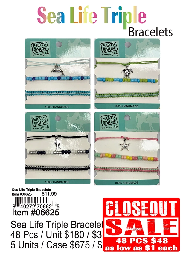 Sea Life Triple Bracelets 48 Pcs. - Closeout